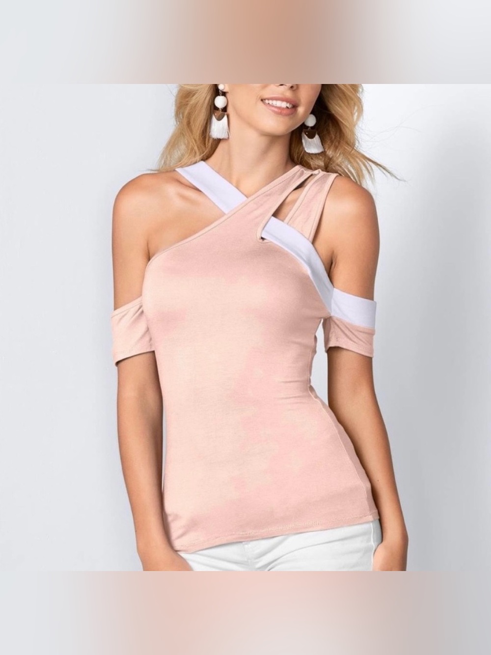 VENUS Blush Pink & White Color Block Strappy Top